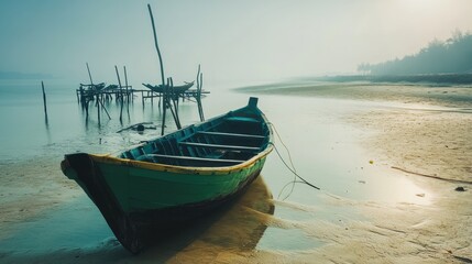 Obraz premium Fishing boat anchored near the shore on a misty, peaceful beach morning