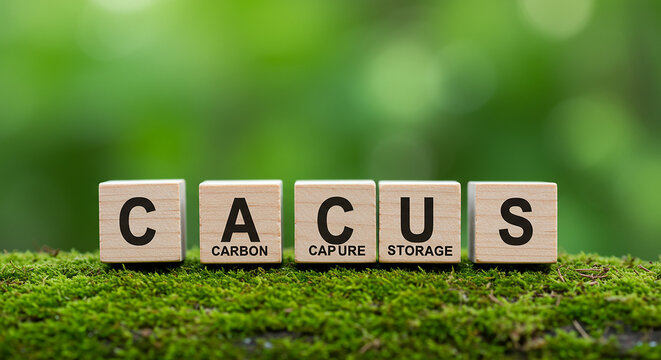 Entrepreneurship, startup, corporate wooden blocks spelling cacus carbon capture storage on moss against green background outdoors in daylight