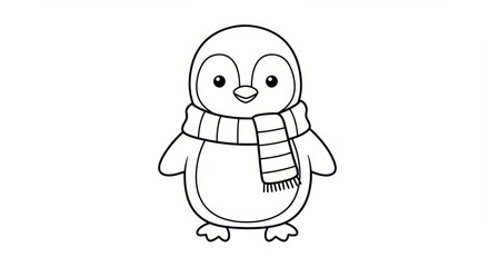 Cute Penguin with Scarf - Black Line Drawing Coloring Page