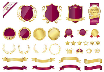 アワードとエンブレムのセット ( ランキング　ビンテージ　フレーム　メダル　リボン　りぼん　王冠　クラウン　星　スター　ワイン　赤　ワインレッド　ゴールド　金 )