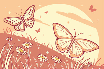  vector illustration featuring two delicate butterflies gracefully flying over a field of small, soft wildflowers.
