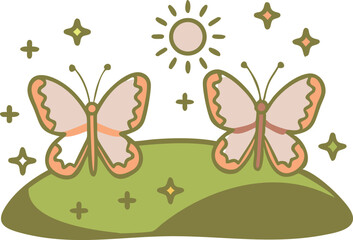  vector illustration featuring two delicate butterflies gracefully flying over a field of small, soft wildflowers.