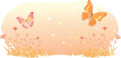  vector illustration featuring two delicate butterflies gracefully flying over a field of small, soft wildflowers.