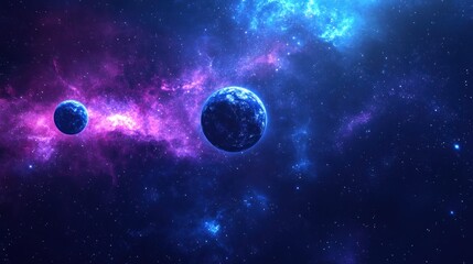 Two Planets Floating in a Colorful Galaxy with Starry Night