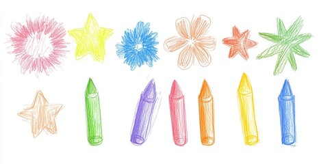 A vibrant crayon doodle fireworks set featuring colorful, hand-drawn stars, spirals, and bursts in a childlike style, perfect for holiday celebrations or party decorations