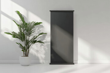  Minimalist pull-up banner mockup with potted plant in bright room, modern design template for advertising display