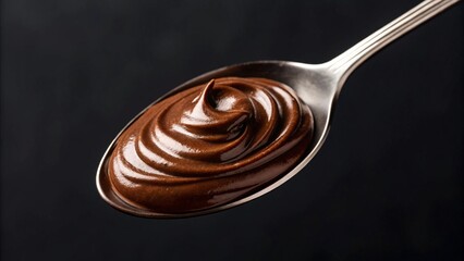Fototapeta premium Close-up of a spoon filled with smooth, glossy chocolate, highlighting its texture and depth of color, perfect for illustrating recipes, baking, or confectionery. 
