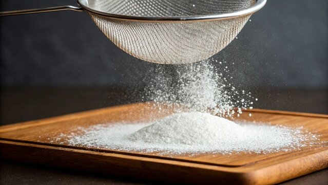 A metal sieve sifts fine white powder, likely flour or sugar, onto a wooden board, creating a pile, illustrating the process of baking or preparing ingredients.
