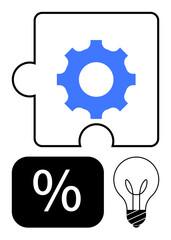 Puzzle piece with central gear, percentage block, and light bulb emphasizing strategy, innovation, problem-solving, teamwork, analysis, efficiency and business operations. Flat simple metaphor