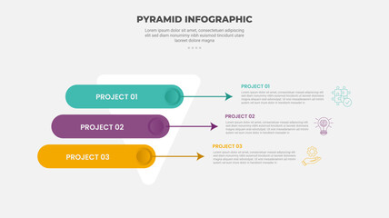 pyramid or triangle shape infographic outline style with 3 point template with reverse pyramid with long round rectangle and arrow pointer for slide presentation
