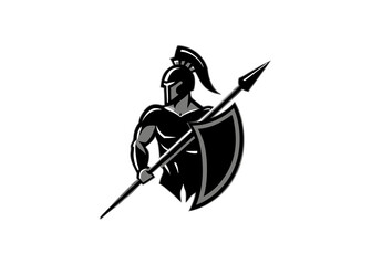Obraz premium Ancient Warrior Emblem: A stylized, monochrome depiction of a formidable ancient warrior, poised with a spear and shield, embodying strength and historical valor. 