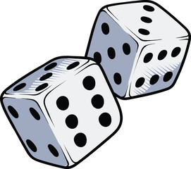 Two dice with black spots sit diagonally against a white background. As shown on the Adobe Stock website, this graphic is a file available for use