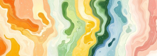 Geometric shapes, vivid colors, and wavy patterns of concentric curved lines define the aesthetic of abstract groovy retro striped backgrounds, popular for their hypnotic 60s-inspired prints in