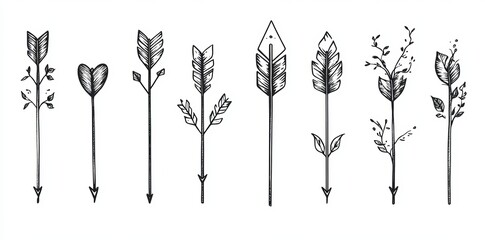 A handdrawn arrow set is presented in a doodle sketch style, featuring curved, straight, and swirly lines in black ink that vary in direction and trajectory