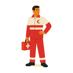Flat style male emergency medical responder with first aid kit &ndash; vector illustration for disaster relief, emergency services, and healthcare