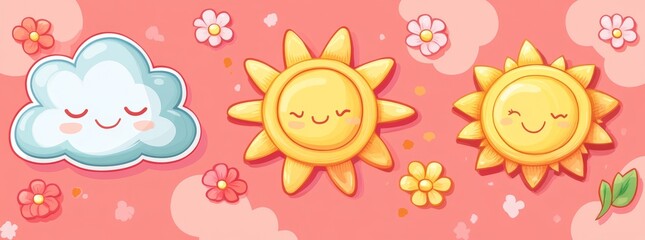 A set of frames with wavy edges is isolated on a background in this modern cartoon illustration, which includes yellow orange scallop borders, whimsical clouds, flowers, sun characters, and playful
