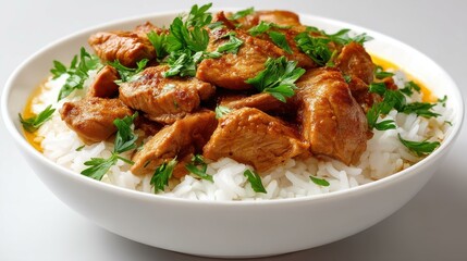 Fototapeta premium Savory chicken served over fluffy rice in a clean bowl, perfect for a comforting meal or quick lunch option.