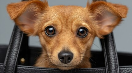 Adorable Chihuahua peeks from a sleek black handbag, showcasing its charm in a fashionable pet carrier on a soft backdrop.