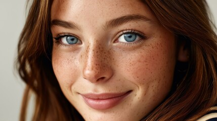 Fototapeta premium Stunning beauty shot of a young woman highlighting her clear skin, natural freckles, and striking blue eyes.