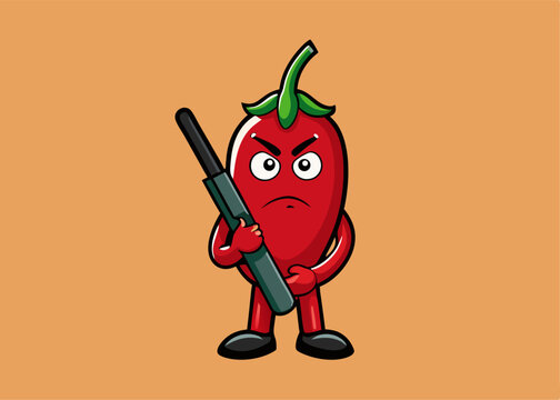 Pepper armed and angry: An angry chili pepper, standing defiant with a rifle, against a bold backdrop, evoking a sense of spicy defiance and playful intensity.