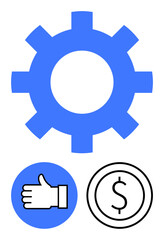 Blue gear, thumbs-up, and dollar coin icons symbolize operation, approval, and money. Ideal for efficiency, business, finance, success teamwork innovation simple landing page