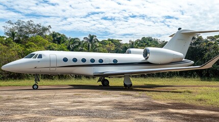 Private jet parked on an exclusive airstrip under bright blue skies