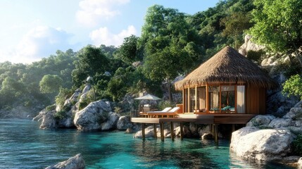 Private overwater bungalow with thatched roof on a serene island surrounded by coral reefs