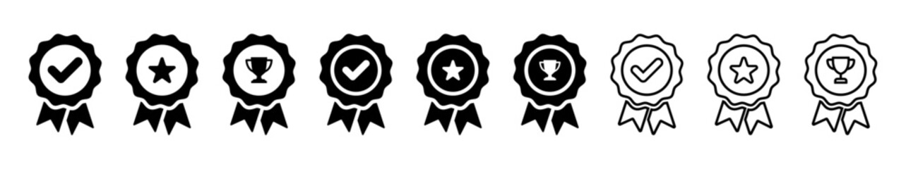 Award badge icons in solid and outline styles, featuring checkmark, star, and trophy symbols. Ideal for achievement, success, certification, competition, and winner themes.