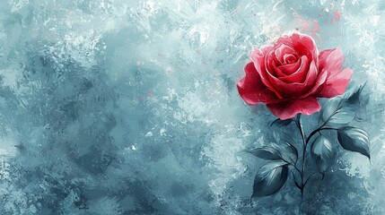 A single vibrant red rose on a textured teal background
