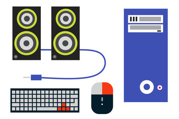 Set of Computer Part like Speaker and Jack, CPU Case, Keyboard, Mouse