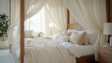 Sunlit bedroom with four-poster bed, neutral decor
