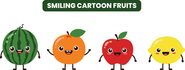 Fruit, Kawaii, Cartoon smiling fruit characters watermelon orange apple lemon cute healthy food mascot adorable vector illustration printable design children graphics sticker pack fun friendly art set