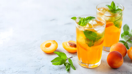 Fototapeta premium Refreshing summer drinks with apricots and mint served on a sunny afternoon