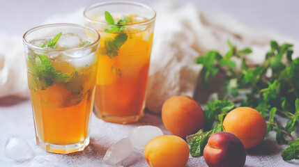 Fototapeta premium Refreshing summer drinks with apricots and mint served on a sunny afternoon