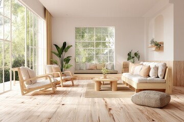 Bright and airy living room featuring wooden furniture and natural light, creating a cozy and inviting atmosphere with a view of lush greenery outside the windows.