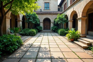 Fototapeta premium Symmetrical arrangement of paving stones in a courtyard, shape, construction