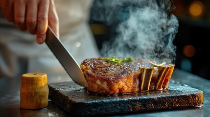 Steak knife placement captured from diagonal perspective as hand positions blade beside perfectly seared bone-in steak on hot stone plate with dramatic steam rising