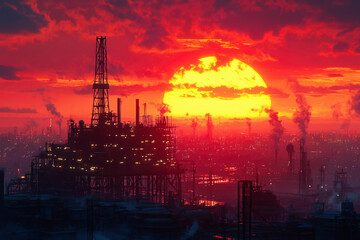  Industrial oil field at sunset with dramatic sky, showcasing energy production and environmental impact.