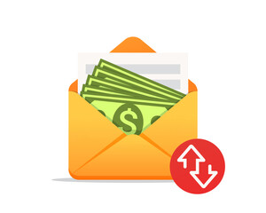 Open envelope with money bills. Money transfer, wage, payment, receipt of money, financial gift, cash. Vector illustration. Isolated on a white background.