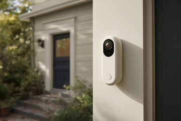 Naklejka premium Modern white security camera installed on a textured exterior wall near a front door, ensuring home safety and security with a touch of technology and innovation.