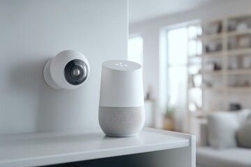 A modern home security system featuring a wireless surveillance camera and smart home speaker, set against a bright and minimalist interior, showcasing technology integration.