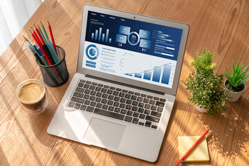 Fototapeta premium Business data dashboard provide business intelligence analytic for marketing strategy planning snugly with big data set to analyze customer demands and foreseeing business future