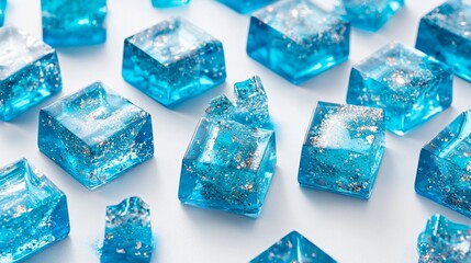 Colorful blue jelly cubes adorned with sparkling glitter arranged neatly on a white surface
