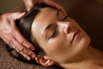 Obraz premium A close-up shot of a serene woman receiving a soothing head massage, promoting relaxation and well-being in a spa setting with soft lighting and a calming atmosphere.