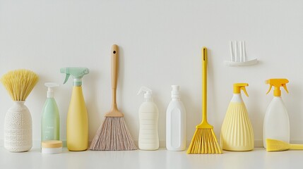 Cleaning supplies arranged neatly on a white surface showcasing various tools and bottles for household organization