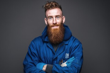 Fototapeta premium A friendly, handsome man with a long, red beard, wearing work clothes and gloves, standing with his arms crossed in front of a plain gray background, ready for work.