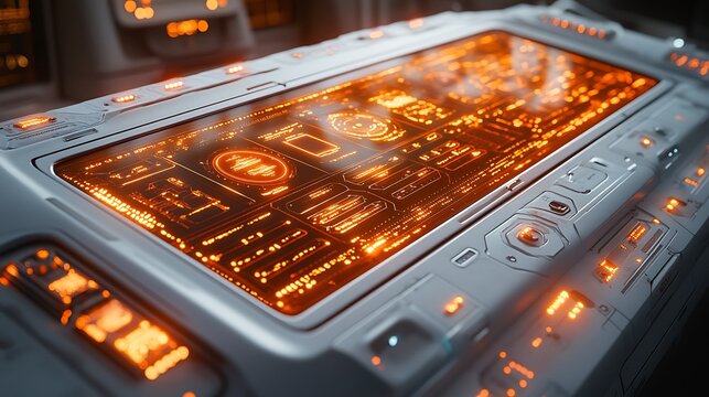 Futuristic interactive control panel with glowing interface.