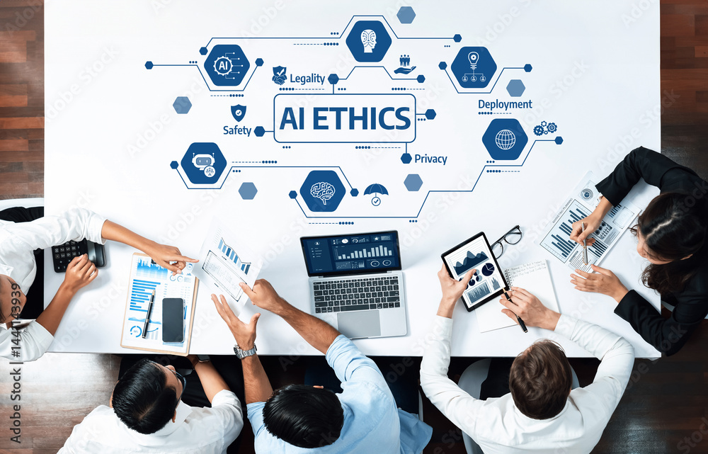 Aufkleber a team collaborates in a modern office, exploring the ethics of ai technology. they analyze safety, 