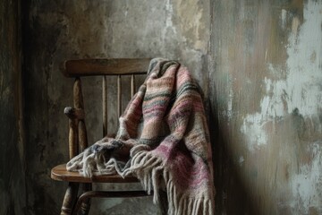 Vintage wooden chair with woolen plaid in the old room