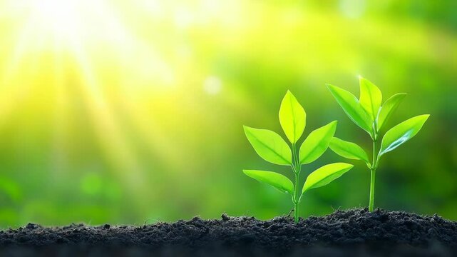 Newly sprouted plants thrive under bright sunlight in a lush green environment